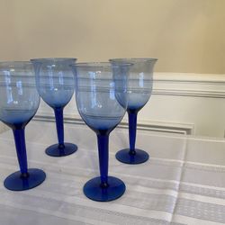 Vintage Hand-Blown Cobalt Blue Glass Wine/Water Goblets (Set Of 4)