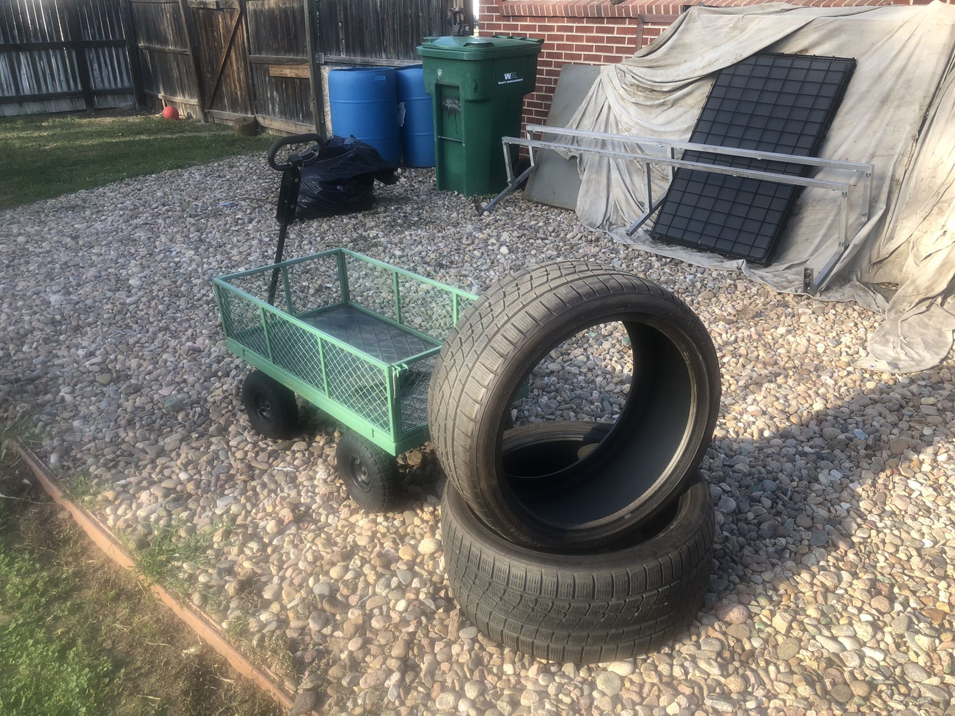 tires and little cart for sale! 265, 35, 20. Almost new. Tires:$80. Cart:$40