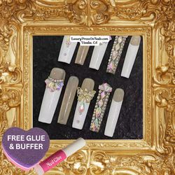 Long White French Tip & Rhinestone Press On Nails 10 Pc Set - FREE GLUE & BUFFER