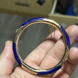 14k Yellow Gold Lapis Engraved Bangle Bracelet Slide Hinge 18.4 Grams 9" Heavy