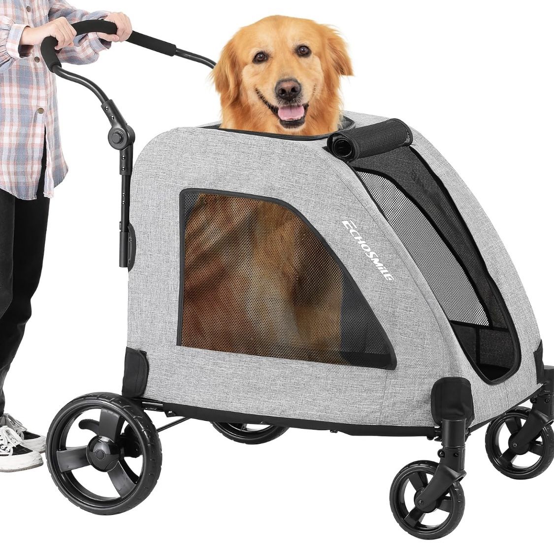 EchoSmile XL Extra Large Dog Stroller - Adjustable Handles,Lightweight Folding Pet Stroller,All-Terrain 4 Wheel for 2 Medium Dogs,Dual Entry Safety Do