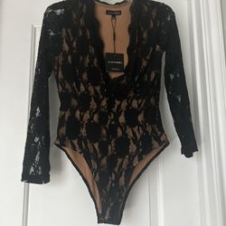 Nude Black Bodysuit Lace Long Sleeve 
