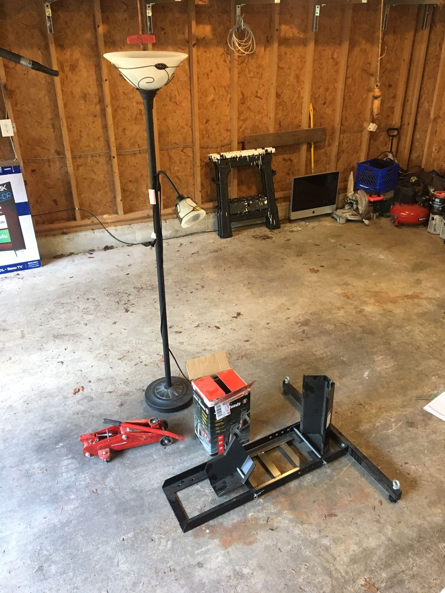 Lamp, car jack, motorcycle stand, jack stands.