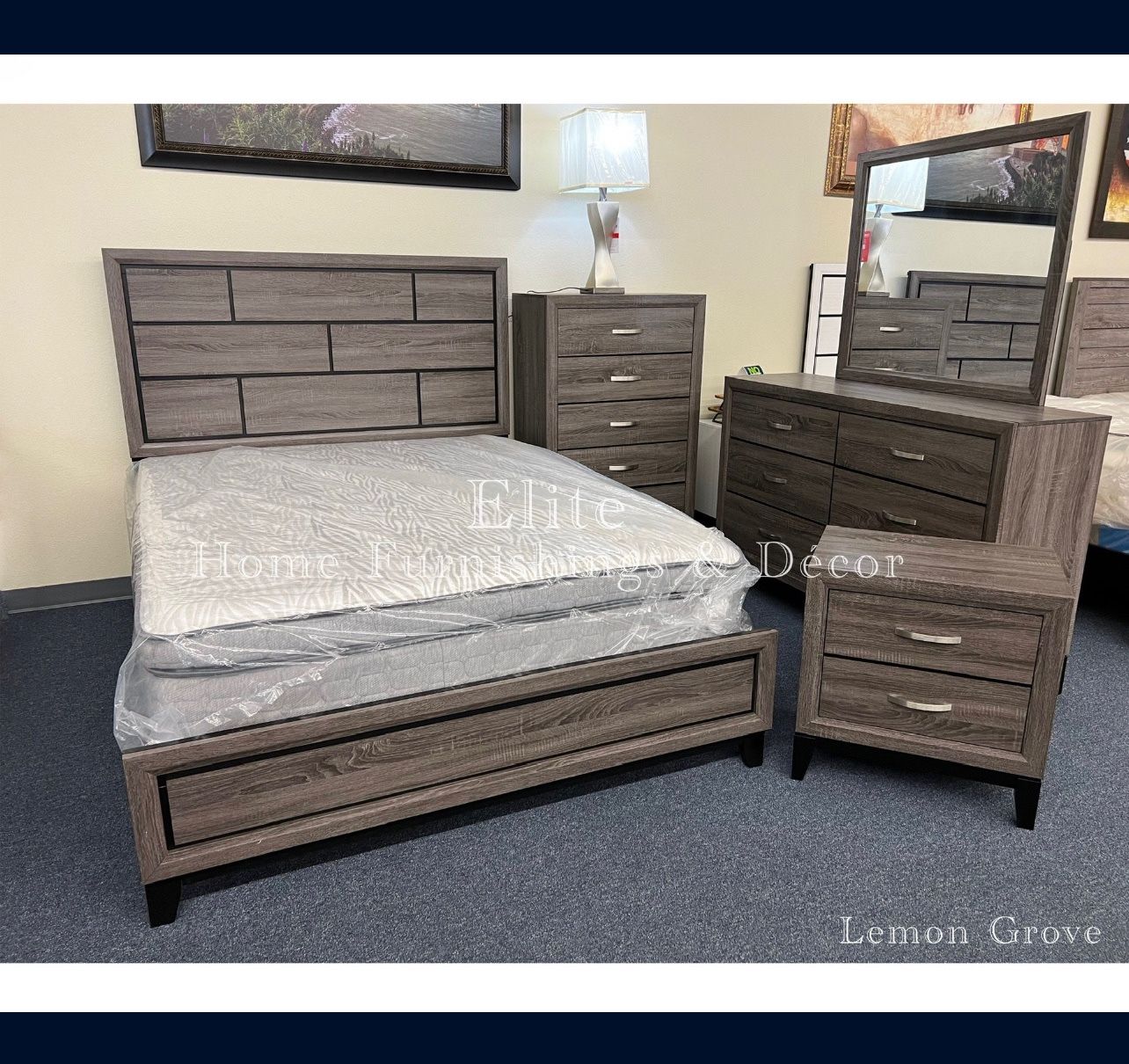 Queen Gray Bedroom Set Queen Bed Frame Dresser Mirror & Nightstand