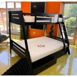 Black  Twin / Full Bunk Bed With 2 Storage Drawers 