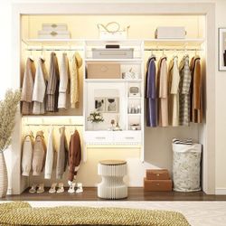 Wall-mounted Closet System with 32'' Makeup Vanity Desk, Space-saving Organizer with Hanging Rods and Mirror