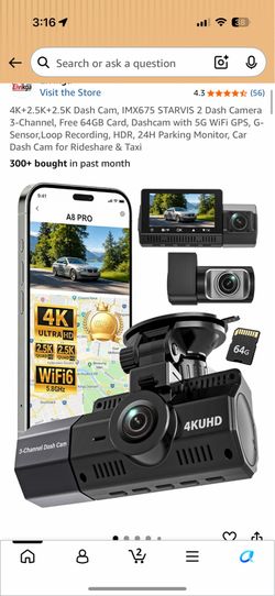 Eivikga A8 PRO 3-Channel 4K Ultra HD Dash Cam with Free 64GB Card