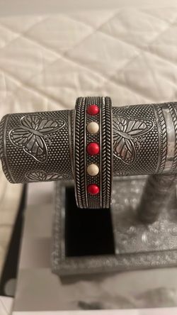 Silver Tone Cuff Bracelet with Red and White Stones