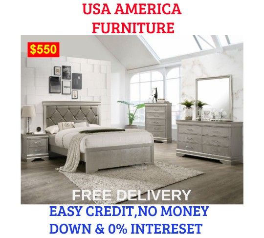 BRAND NEW QUEEN SIZE 4 PC BEDROOM SET INCLUDES QUEEN SIZE BEDFRAME, NIGHTSTAND, DRESSER, AND MIRROR  Item #CM01B6910