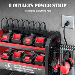 32”Power Tool Organizer with Charging Station Wall Mount, Built in 8 Outlet Surge Protection Red/Black
