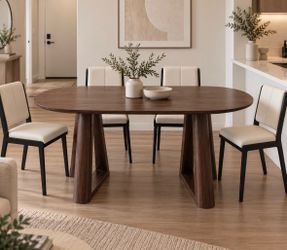 Oval Dining Room Table for 6 to 8 People Wood Kitchen Table with Triangular Structure Pedestal Stable Base, black M-25