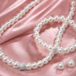 Faux Pearl Earrings, Necklace, and Bracelet Set 