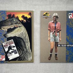 🔥❤️🦖 1993 Jurassic Park (2) Card Lot - Topps Trading Cards - The Novel by Michael Crichton and Sattler 🦖❤️