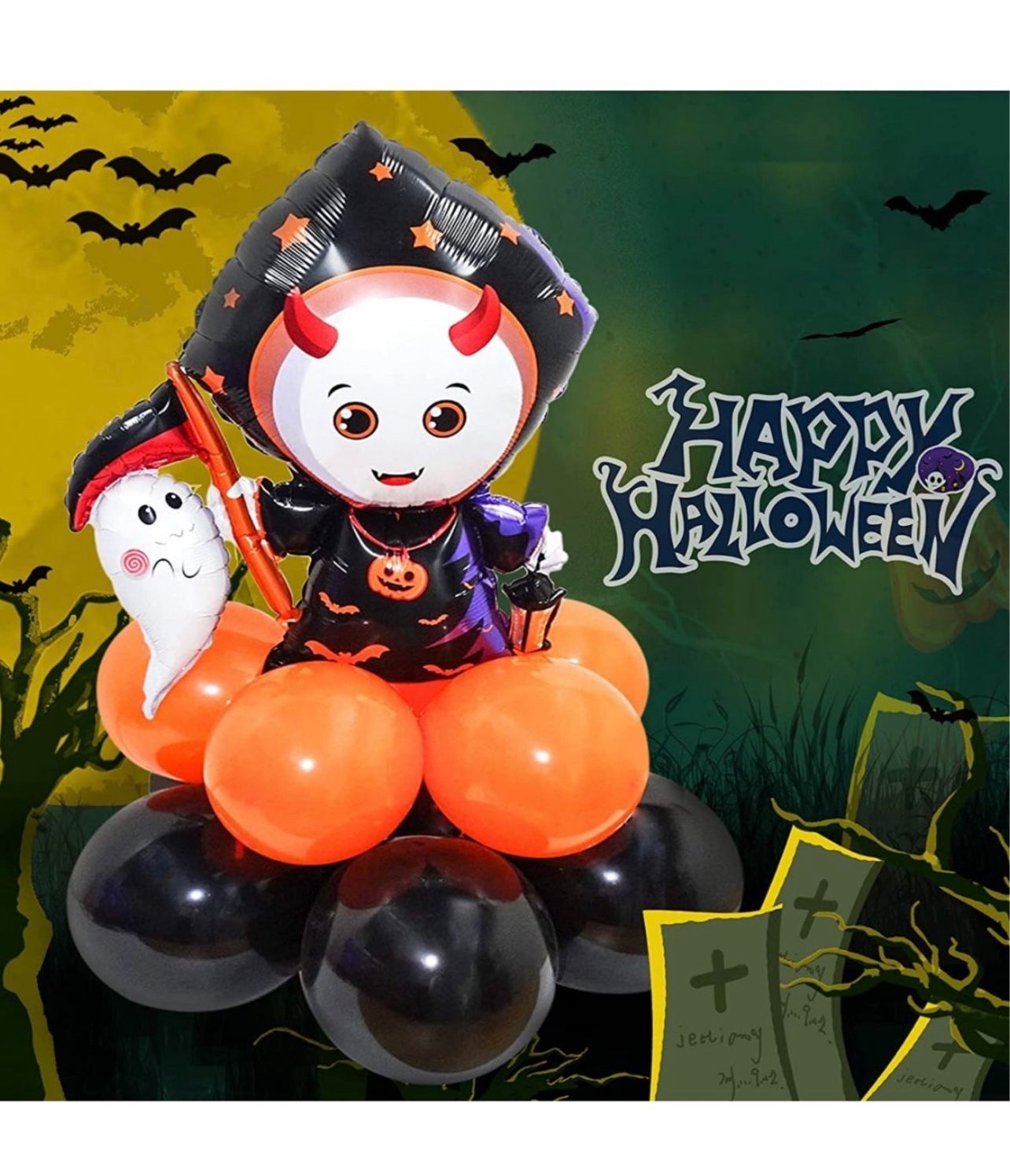 Halloween Imp Foil Latex Balloon - Ghost Balloons, 12 Inch Black Balloon & 10 Inch Orange Balloon