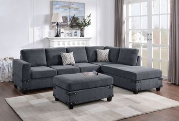 Brand new 112"x84" gray chenille reversible sectional + ottoman