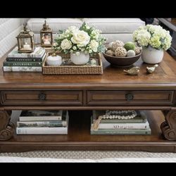 2 Drawer Scroll Lift Top Cocktail Table with Open Bottom Shelf, Brown With A Match End Table