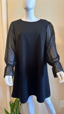 Black Women’s Dress 1XL – Sheer Polka Dot Sleeves, Elegant Style