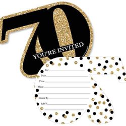 Adult 70th Birthday - Gold - Shaped Fill-In Invitations with Envelopes - 12 Ct
