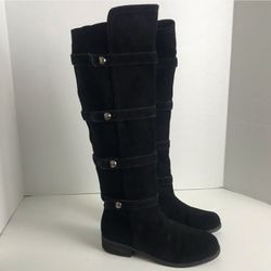 BCBGeneration Black Suede Studded Pull On Low Heel High  Boots