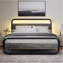 Full Size Bed Frame, Wood Headboard and Footboard, LED Lights, Grey