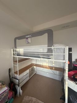 Jocoevol Full Size Loft Bed with L- Shaped Desk, LED Lights, Charging Station, Industrial Heavy Duty