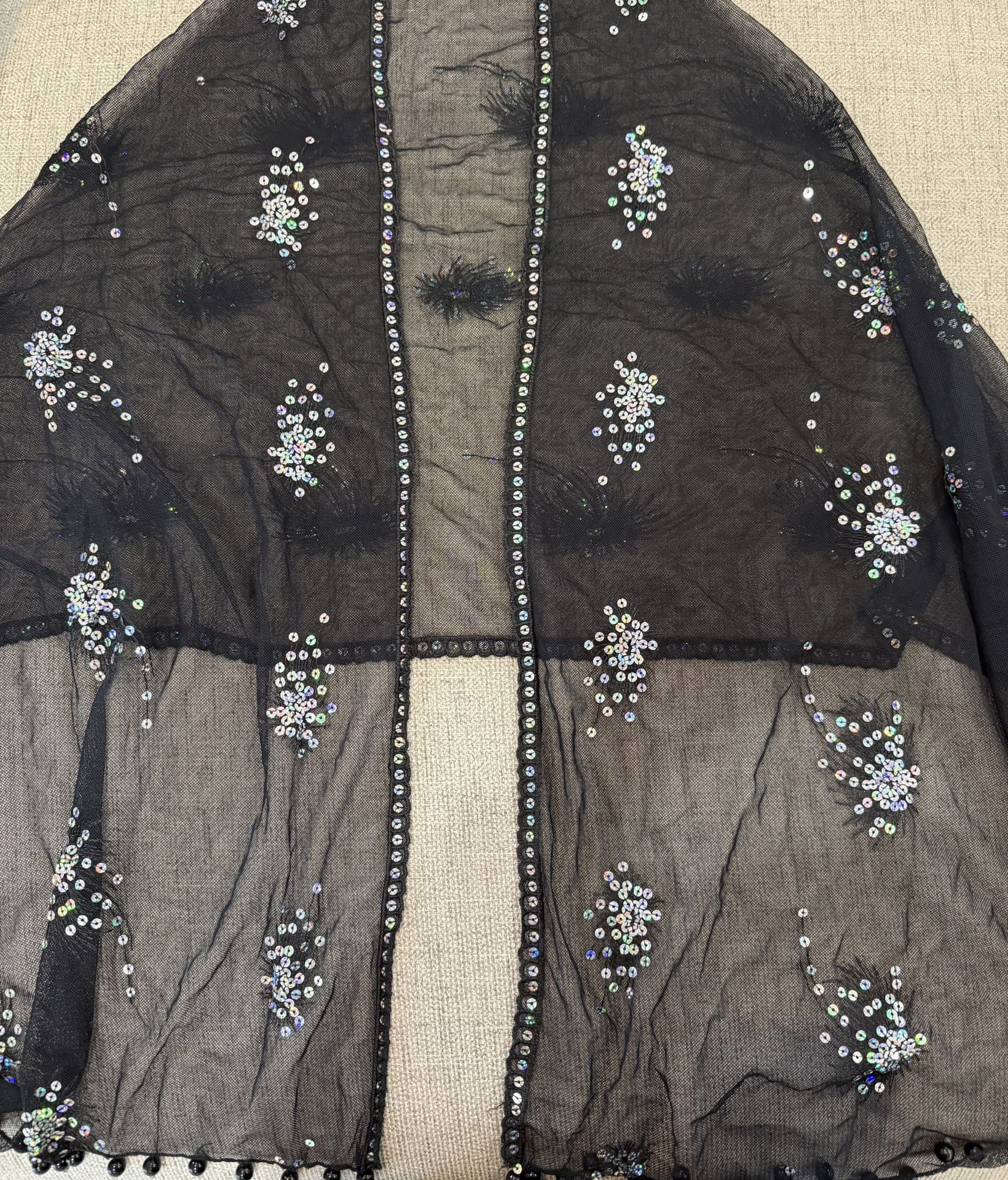 Large and rectangle Black shawl with silver floral embroidered