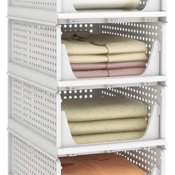 Pinkpum Stackable Plastic Storage Basket, Foldable Closet Organizers and Storage Bins 4 Pack Drawer Shelf Storage Container for Wardrobe Kitchen Bathr
