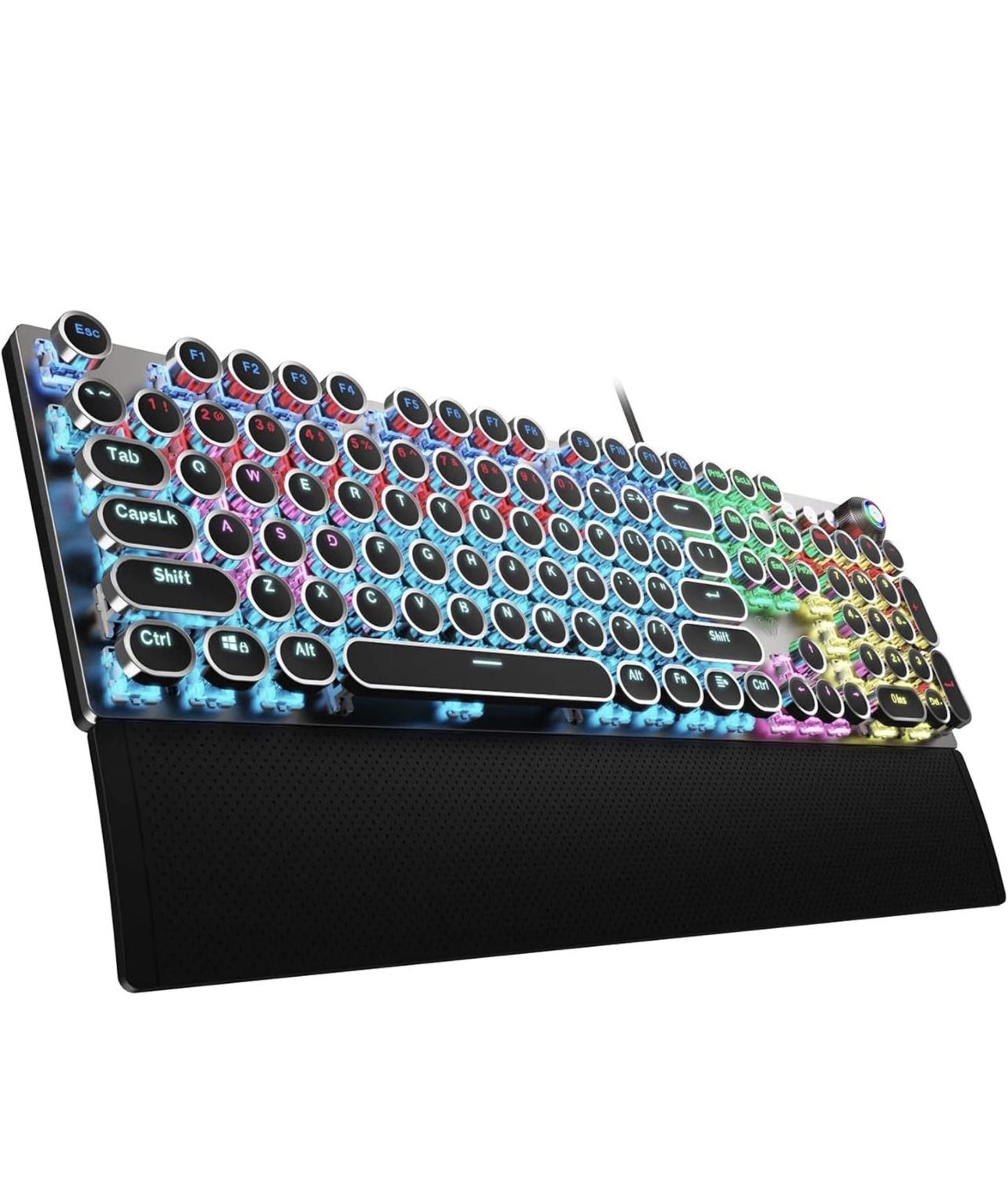 ULA F2088 Typewriter Style Mechanical Gaming Keyboard Blue Switches,Rainbow LED Backlit,Removable Wrist Rest,Media Control Knob,Retro Punk Round Keyca