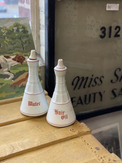 c1900 Hair Oil & Water jars/Apothecary Beauty Salon Milk Glass Bottles Antique VTG