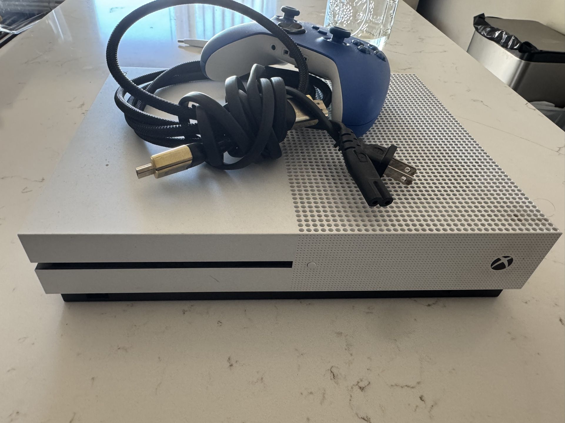 Xbox One S console, blue controller, cables