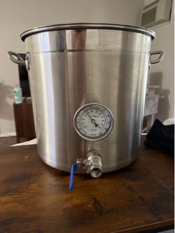 Large Stainless Steel Brew Kettle / Stock Pot w Thermometer + Spigot (~40–50 QT)