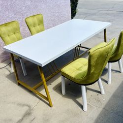 Luxury White Wood Dining/Lounge Table Set w/ Gold Frame & Center Support Rail - Modern Designer Olive Velvet Chairs (Set Of 4)