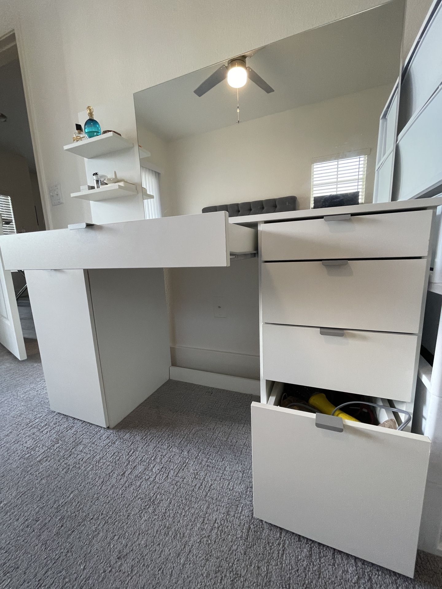 White Vanity Desk with Mirror and Side Shelf