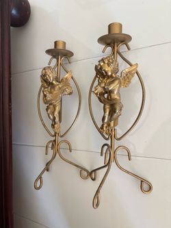 Pair of unique Vintage Golden Angel cherub candle holders