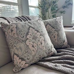 Set of 2 Vintage Pink & Taupe Damask Throw Pillows (18x18)
