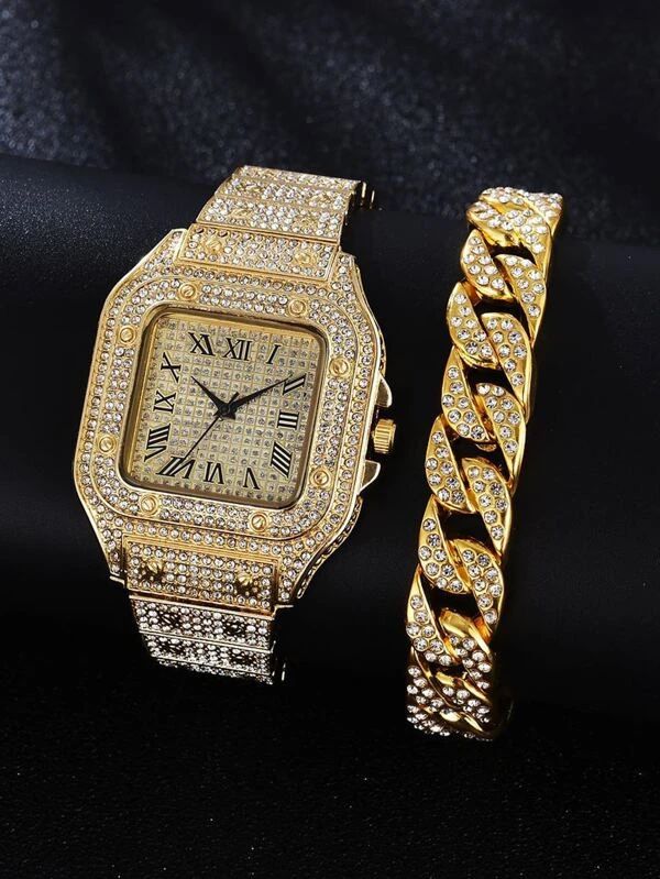 Men’s Iced Out Square Roman Numeral Watch  And Bracelet See My Other Items*