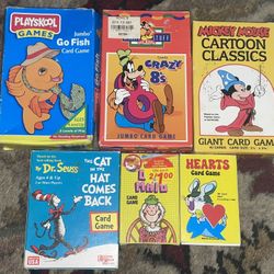 Lot of 6 Kids Vintage Card Games: Go Fish, Crazy 8’s, cartoon classics, cat in the hat, hearts