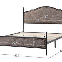Farmhouse Queen Size Nail Head Trim Buttons Metal Platform Bed Linen Upholstered Bed Frame Modern Chic Cama Furniture Queen size bed Recamara Girls