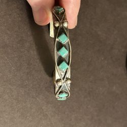 Vintage L. Esalalio Zuni Sterling Silver Turquoise Shadowbox Cuff Bracelet 