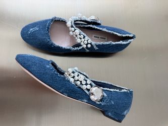 Miu Miu Denim Pearl Embellished Ballet Flats