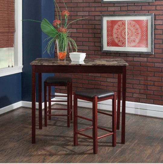 Linon Brown Piece Table Faux Marble Tavern Set Table And