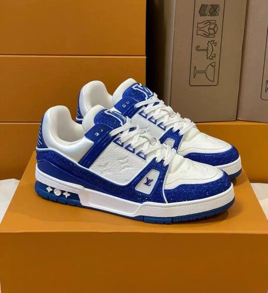 LV Trainer Round Toe Lace Up Abrasion Resistant Low Top Board Shoes Blue Unisex