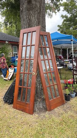 Pair of Wood French Doors with Glass Panes