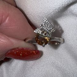 Vintage Unique Sterling Ring with Topaz Stone & Sterling Butterfly, size 8.5