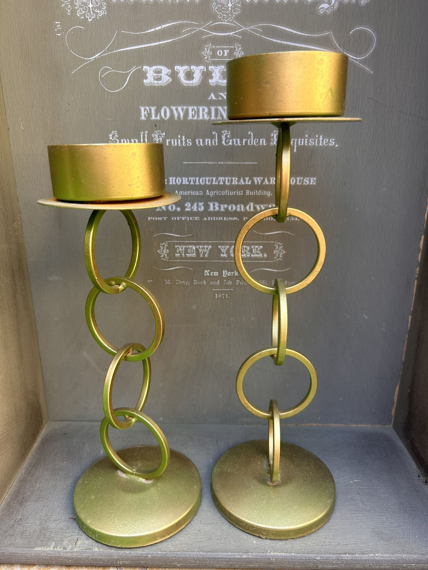 MCM Style Pillar Candle Holders Metal Gold Green Distressed