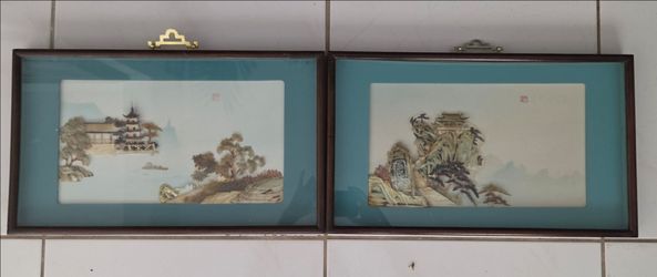 Vintage Pair Chinese Shell Relief Carving Framed Wall Art 12"×20"
Antique‑style Chinese shell‑craft artwork set, traditional pavilion, mountain and la