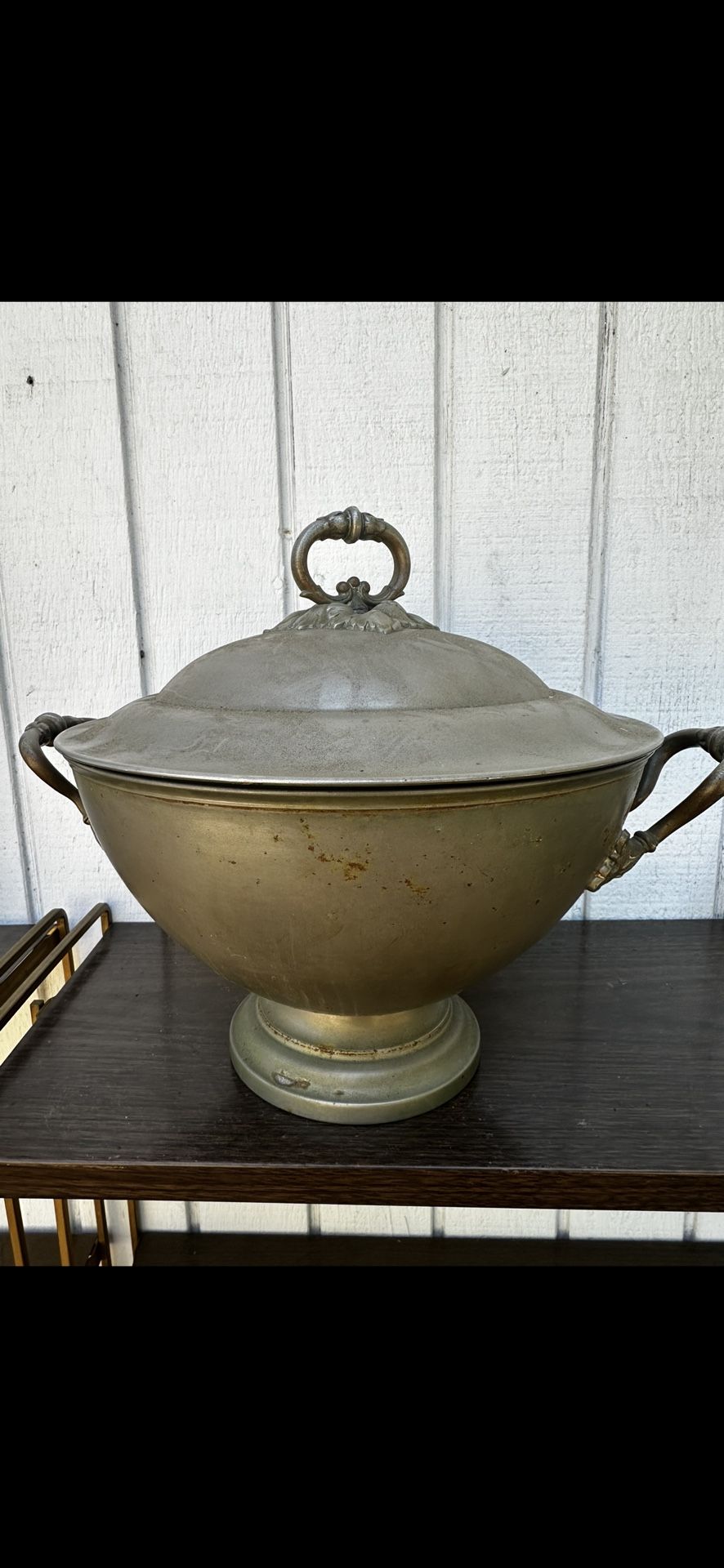 Large antique pewter bowl / raised pedestal bowl / lidded tray / with decorative ring handles / home decor display