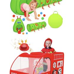  2 Pop Up Tents: Red fire truck (with Sound) And 2-piece caterpillar