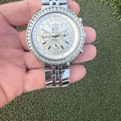 Breitling Bentley GT 6.75. White dial. With diamond bezel  approximately 6  carats SI1-2 clarity Model-A44362 fits 7.75" wrist   Diamonds alone worth 