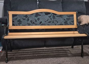 Outdoor Garden Bench with Rose Cast Iron Back